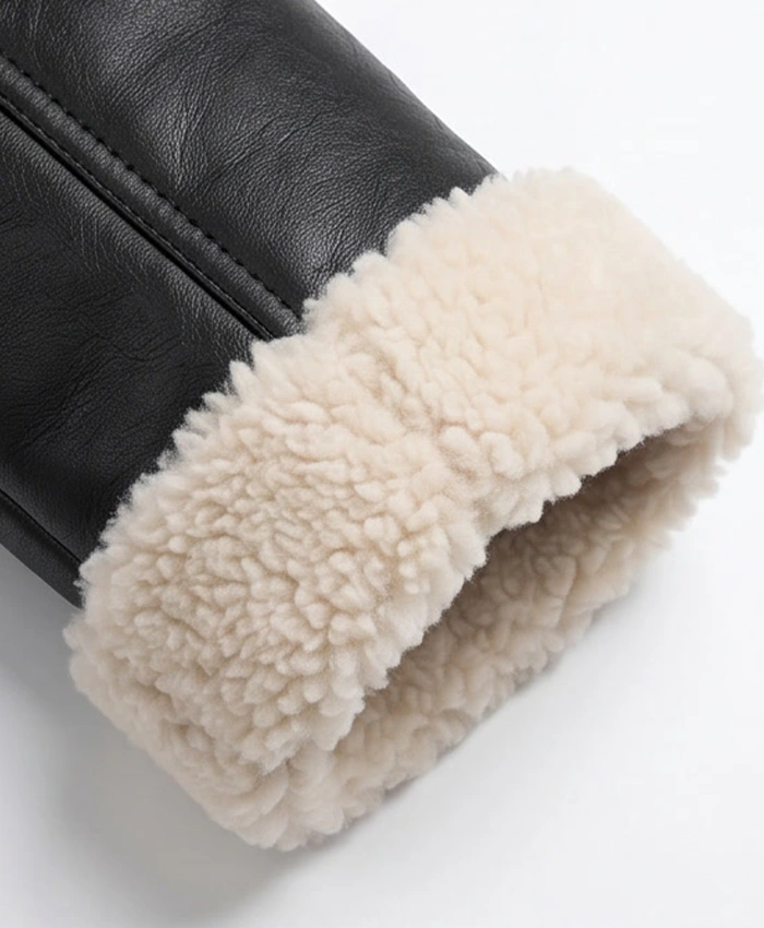 Black Leather White Shearling Collar Jacket For Men Back Side Cuff Close Up