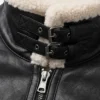 Black Leather White Shearling Collar Jacket For Men Close Collar Close Up