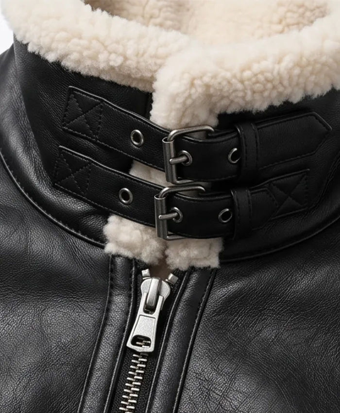 Black Leather White Shearling Collar Jacket For Men Close Collar Close Up