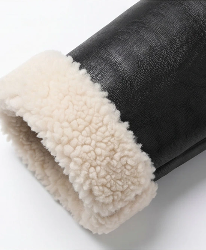 Black Leather White Shearling Collar Jacket For Men Front Side Cuff Close Up