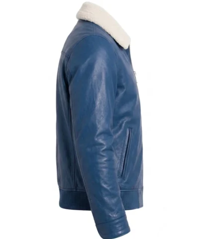 Blue Leather Shearling Collar Jacket