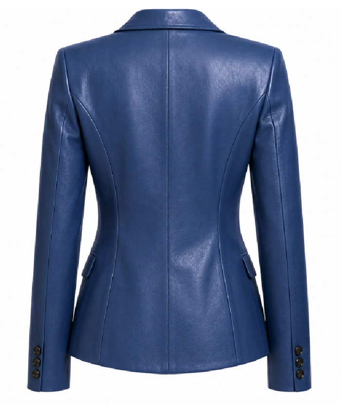 Blue Single Button Leather Blazer