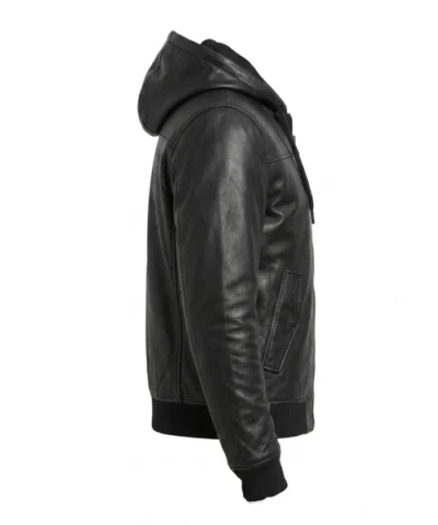Bomber Hooded Black Leather Jacket