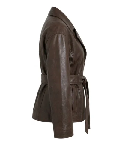 Brown Leather Jacket with Belted Closure