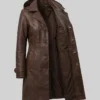 Brown Leather Trench Coat with Attached Hood For Women