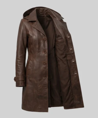 Brown Leather Trench Coat with Attached Hood For Women