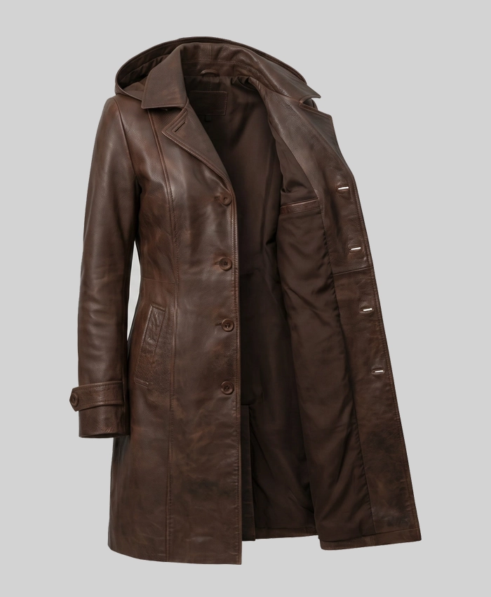 Brown Leather Trench Coat with Attached Hood For Women