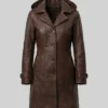 Brown Leather Trench Coat with Attached Hood For Womens