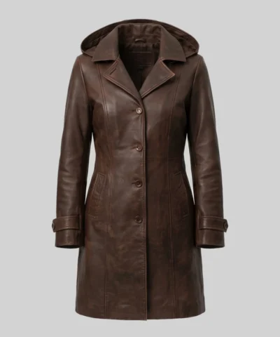 Brown Leather Trench Coat with Attached Hood For Womens