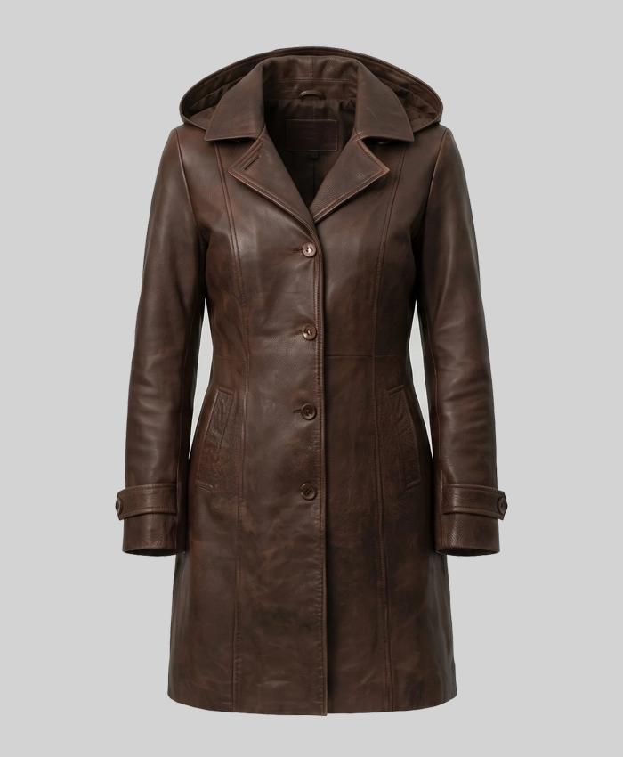 Brown Leather Trench Coat with Attached Hood For Womens