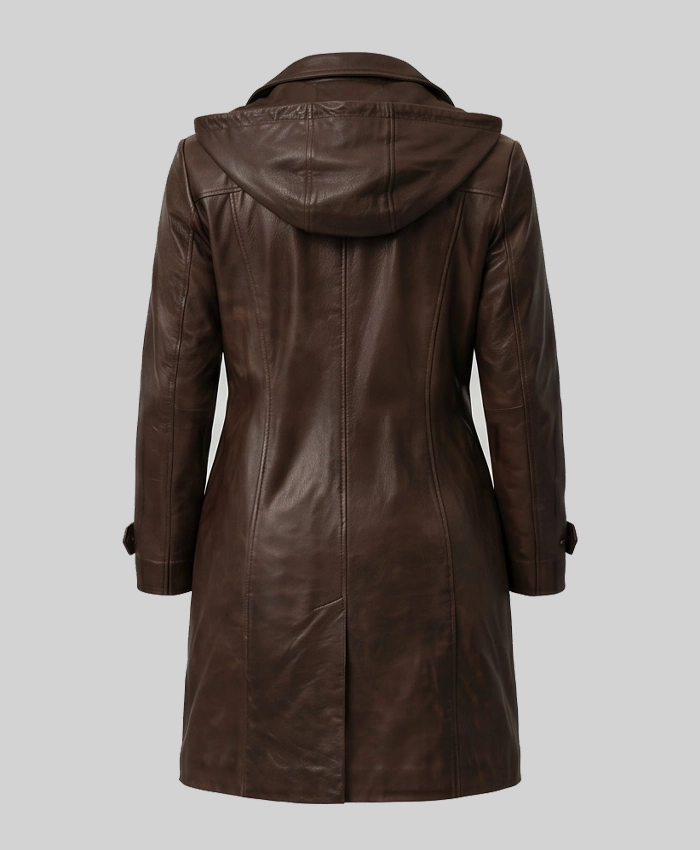 Brown Leather Trench Coat with Attached Hood Womens