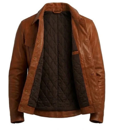 Brown Leather Trucker Jacket For Sale 
