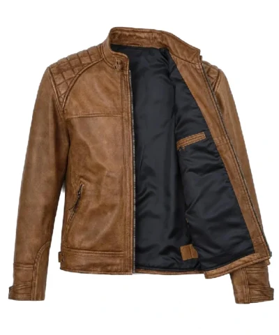Camel Brown Mens Real Lambskin Leather Biker Jacket