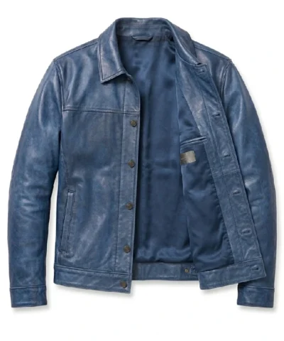 Classic Mens Blue Washed Leather Jacket
