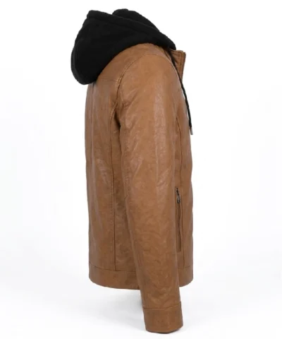 Cognac Wax Leather Jacket with Removable Hood