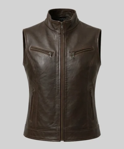 Dark Brown Biker Leather Vest For Womens