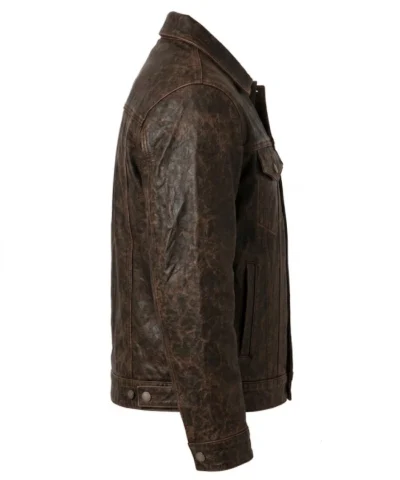 Dark Brown Distressed Trucker Leather Jacket