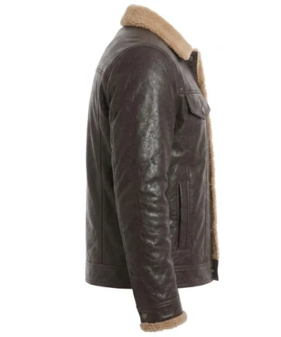 Dark Brown Shearling Trim Real Leather Trucker Jacket