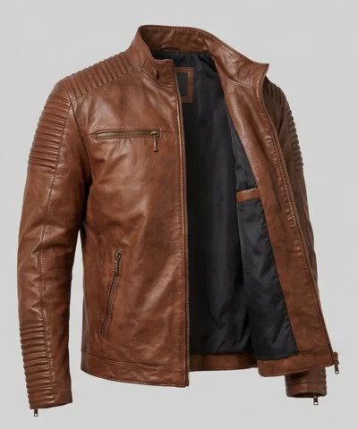 Distressed Cafe Racer Biker Brown Motorcycle Leather Jacket For Mens