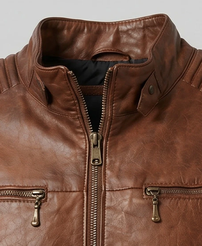 Distressed Cafe Racer Biker Brown Motorcycle Leather Jacket Men