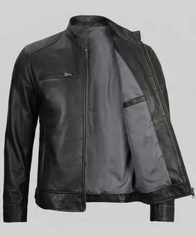 Dodge Black Lambskin Cafe Racer Jacket Mens