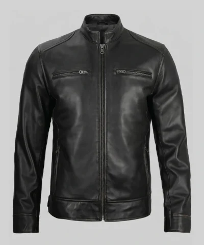 Dodge Mens Black Lambskin Cafe Racer Jacket