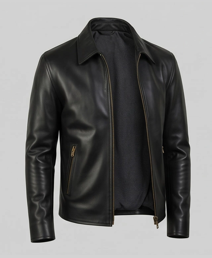 Fashionable black leather jacket crafted for a bold and elegant appearance