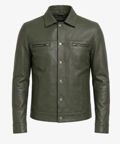 Four Pockets Olive Green Leather Jacket