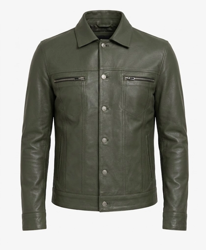 Four Pockets Olive Green Leather Jacket