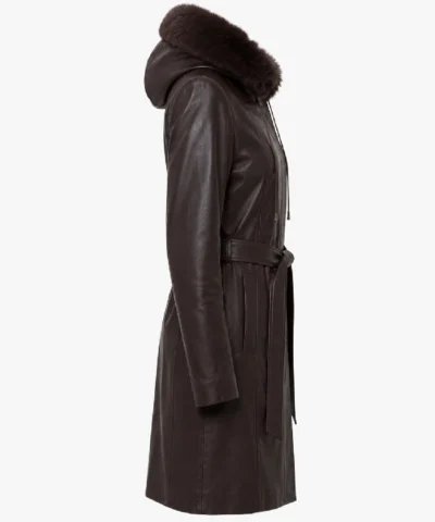 Alternative view of Women’s Fur Hooded Dark Brown Leather Coat