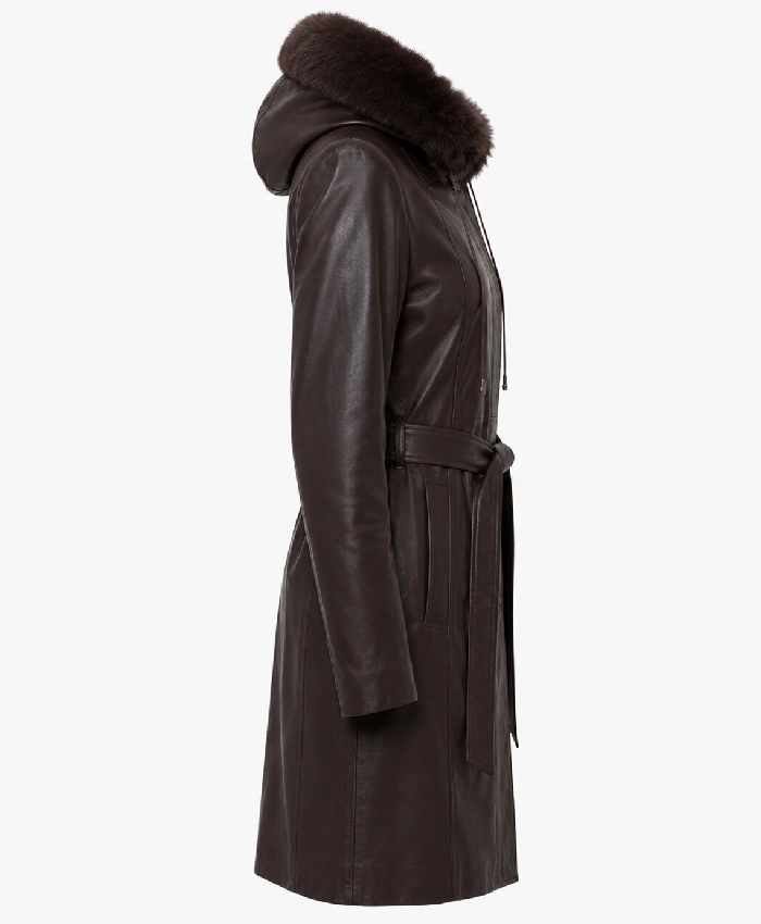 Women’s Fur Hooded Dark Brown Leather Coat - Image 2