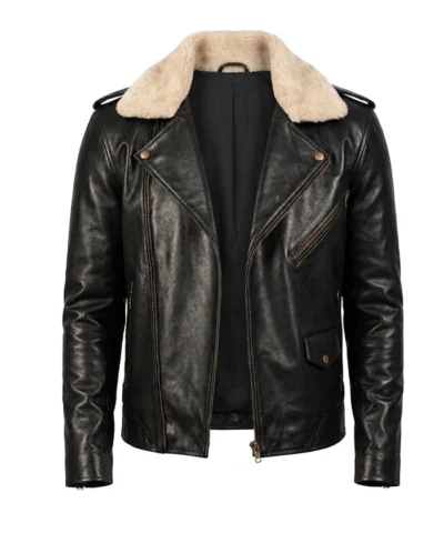 Furton Black Leather Biker Jacket