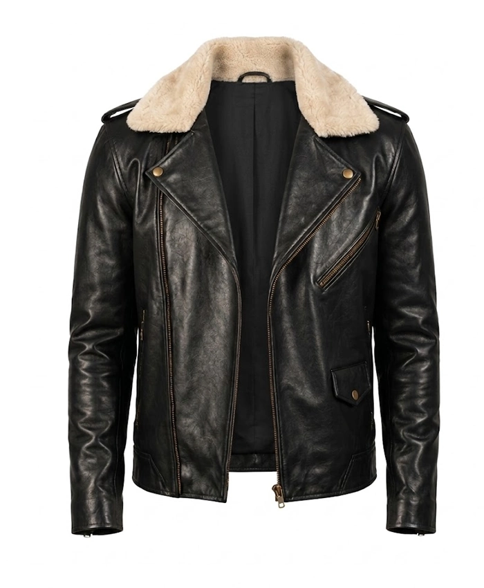 Furton Black Leather Biker Jacket