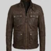 Heritage Brown Leather Multi-Pocket Field Jacket For Mens