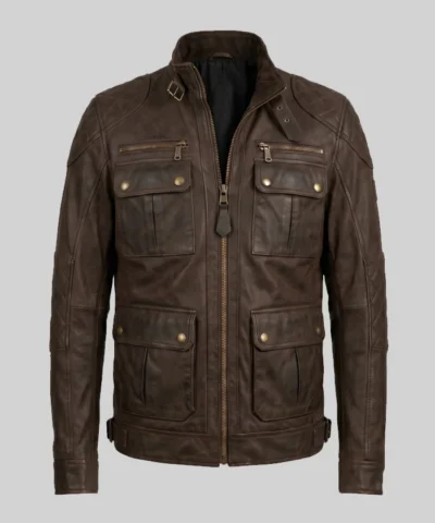 Heritage Brown Leather Multi-Pocket Field Jacket For Mens