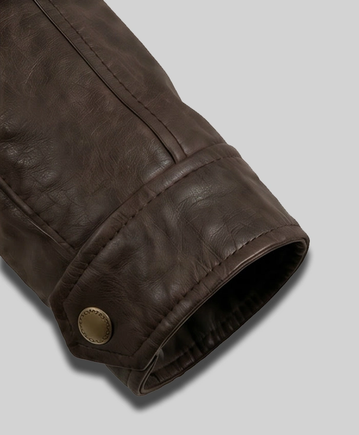 Heritage Brown Leather Multi-Pocket Field Jacket For Mens Close up Cuffs
