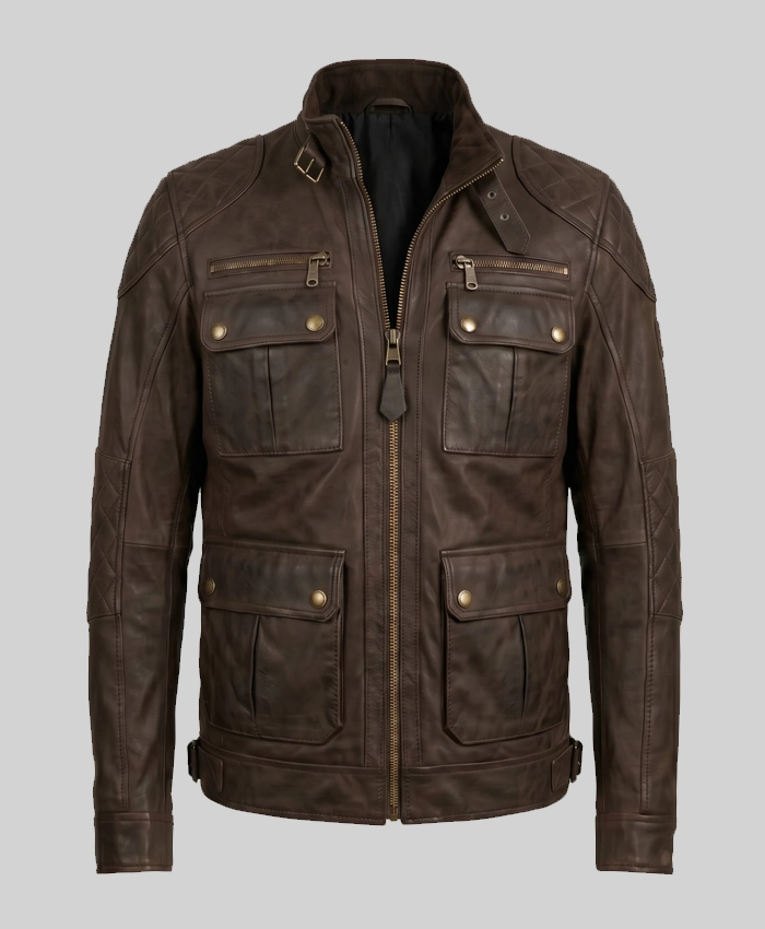 Heritage Brown Leather Multi-Pocket Field Jacket For Mens
