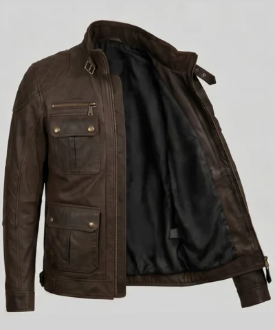 Heritage Brown Leather Multi-Pocket Field Jacket Mens