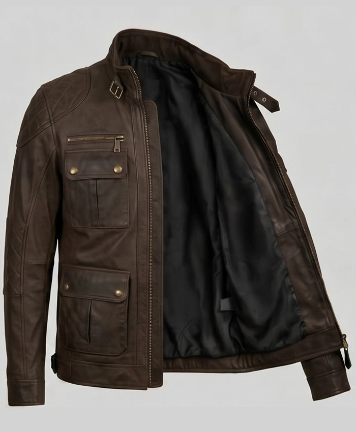 Heritage Brown Leather Multi-Pocket Field Jacket Mens