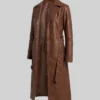 Long Length Cognac Waxed Leather Coat For Women