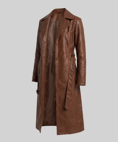 Long Length Cognac Waxed Leather Coat For Women