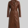 Long Length Cognac Waxed Leather Coat For Womens