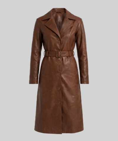 Long Length Cognac Waxed Leather Coat For Womens