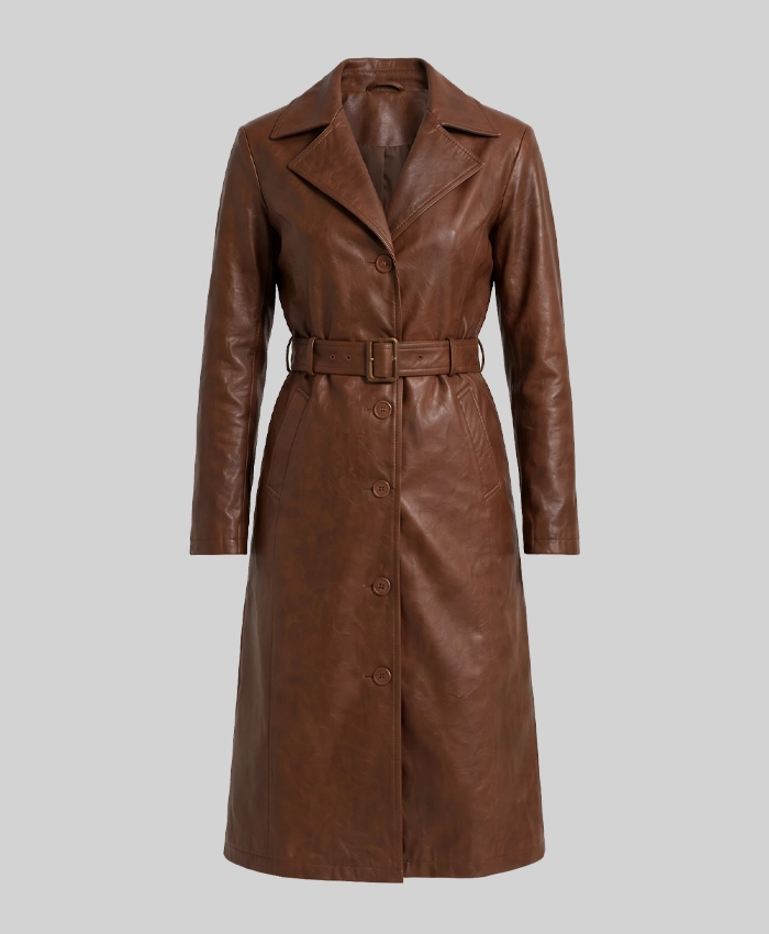 Long Length Cognac Waxed Leather Coat For Womens