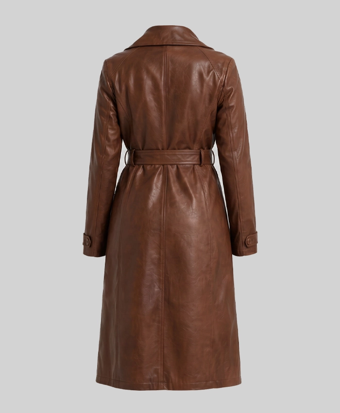 Long Length Cognac Waxed Leather Coat Women