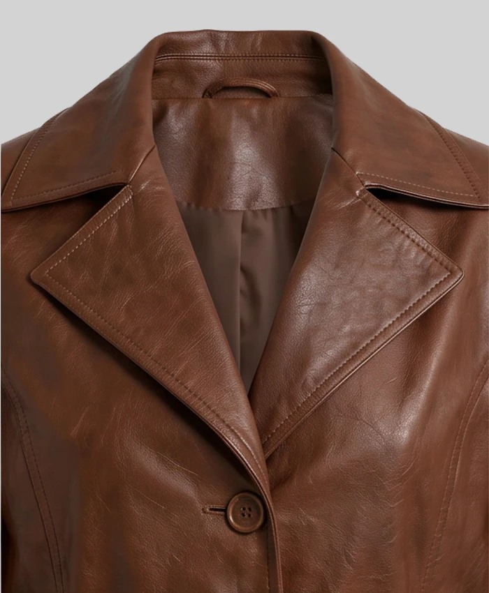 Long Length Cognac Waxed Leather Coat Womens
