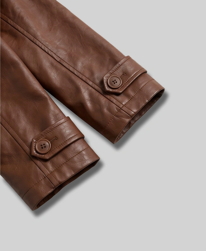 Long Length Waxed Leather Cognac Coat For Women