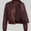 Maroon Cropped Bomber Leather Jacket For Women