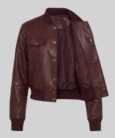 Maroon Cropped Bomber Leather Jacket For Women