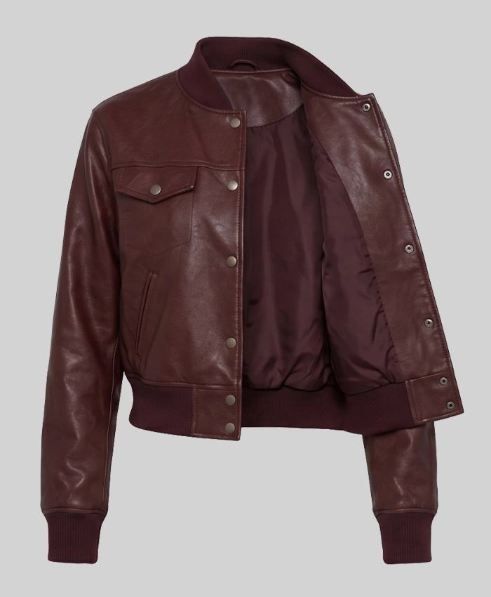 Maroon Cropped Bomber Leather Jacket For Women